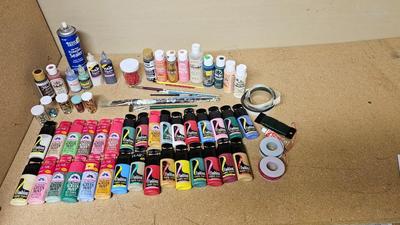 Fabric paint and Arcrylic paint with brushes and other crafting items