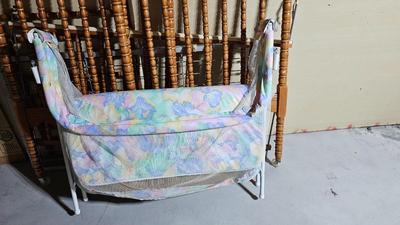 Vintage wood dowel baby crib and collapsible play pen