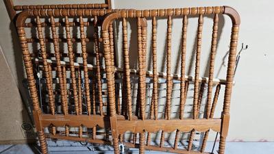 Vintage wood dowel baby crib and collapsible play pen