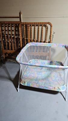 Vintage wood dowel baby crib and collapsible play pen
