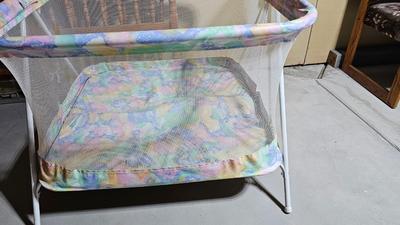 Vintage wood dowel baby crib and collapsible play pen