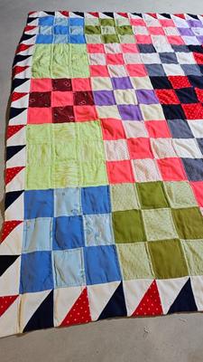 Handmade patchwork quilt with two nice feather pillows