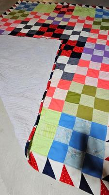 Handmade patchwork quilt with two nice feather pillows
