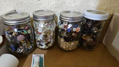 Four jars of vintage buttons, and other sewing notions