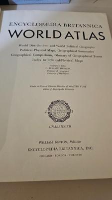 12" World Globe and vintage World atlas book