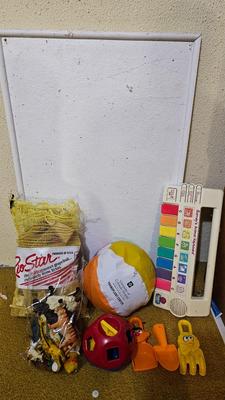 Assortment of kid toys - plastic animals - sack of blocks - Barney piano