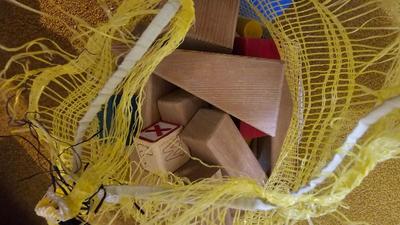 Assortment of kid toys - plastic animals - sack of blocks - Barney piano