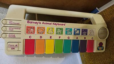 Assortment of kid toys - plastic animals - sack of blocks - Barney piano