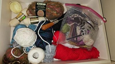 Box of yarn, and fabric for quilting and sewing projects