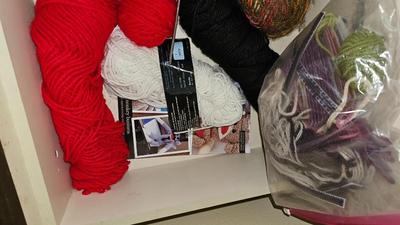 Box of yarn, and fabric for quilting and sewing projects