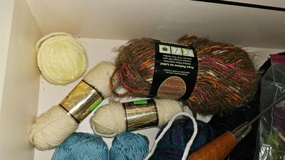Box of yarn, and fabric for quilting and sewing projects