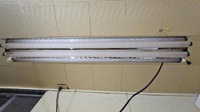 Pegboard with hardware and a nice free hanging shop light