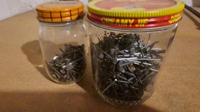 Vintage cool advertising jars with household hardware - screws, nails etc.