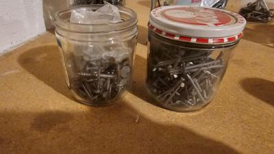 Vintage cool advertising jars with household hardware - screws, nails etc.