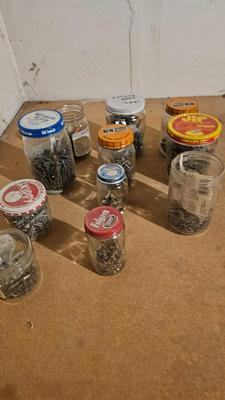 Vintage cool advertising jars with household hardware - screws, nails etc.