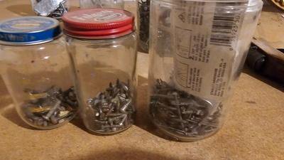 Vintage cool advertising jars with household hardware - screws, nails etc.