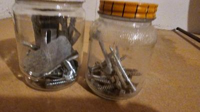 Vintage cool advertising jars with household hardware - screws, nails etc.