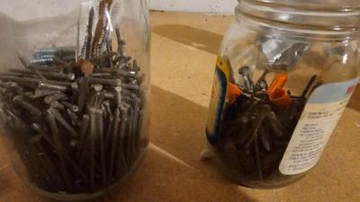 Vintage cool advertising jars with household hardware - screws, nails etc.