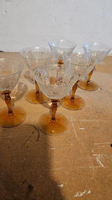 Liquor Cocktail glasses by Tiffin-Franciscan - Etched Vintage Pedestal Compote Clear Covered Candy Dish and other glassware