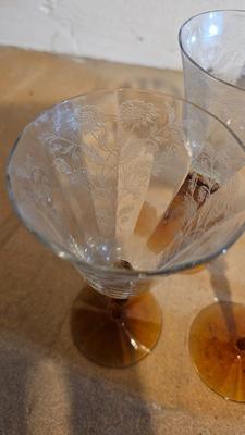 Liquor Cocktail glasses by Tiffin-Franciscan - Etched Vintage Pedestal Compote Clear Covered Candy Dish and other glassware