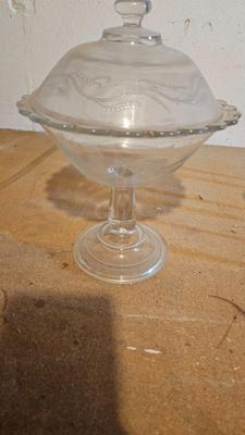 Liquor Cocktail glasses by Tiffin-Franciscan - Etched Vintage Pedestal Compote Clear Covered Candy Dish and other glassware