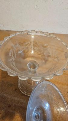 Liquor Cocktail glasses by Tiffin-Franciscan - Etched Vintage Pedestal Compote Clear Covered Candy Dish and other glassware