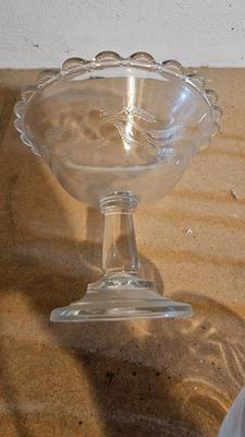 Liquor Cocktail glasses by Tiffin-Franciscan - Etched Vintage Pedestal Compote Clear Covered Candy Dish and other glassware