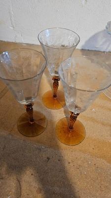 Liquor Cocktail glasses by Tiffin-Franciscan - Etched Vintage Pedestal Compote Clear Covered Candy Dish and other glassware