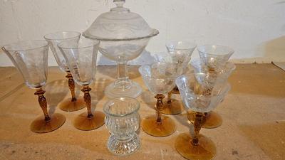 Liquor Cocktail glasses by Tiffin-Franciscan - Etched Vintage Pedestal Compote Clear Covered Candy Dish and other glassware