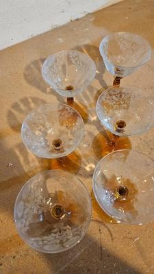 Liquor Cocktail glasses by Tiffin-Franciscan - Etched Vintage Pedestal Compote Clear Covered Candy Dish and other glassware