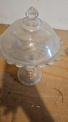 Liquor Cocktail glasses by Tiffin-Franciscan - Etched Vintage Pedestal Compote Clear Covered Candy Dish and other glassware