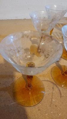 Liquor Cocktail glasses by Tiffin-Franciscan - Etched Vintage Pedestal Compote Clear Covered Candy Dish and other glassware