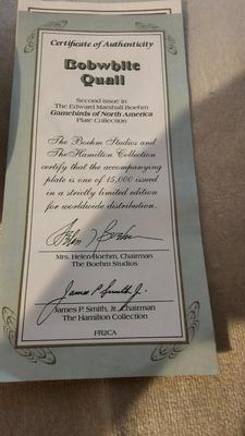 Boehm Studios Gamebirds of North America limited edition issue plates with COA papers