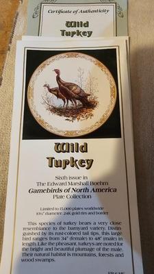 Boehm Studios Gamebirds of North America limited edition issue plates with COA papers