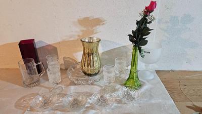 Vintage glassware - green Eiffel tower vase - and more