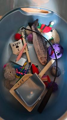 Cat litter box with air filter, toys, and food bowl