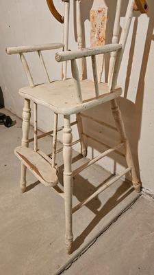 Antique white wooden high chair and booster seat