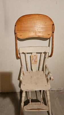 Antique white wooden high chair and booster seat
