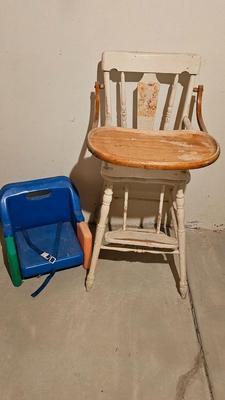 Antique white wooden high chair and booster seat