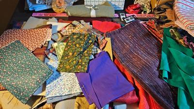 Small fabric scraps for quilting or sewing with wright's pattern board and quilting tools and more