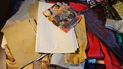 Small fabric scraps for quilting or sewing with wright's pattern board and quilting tools and more