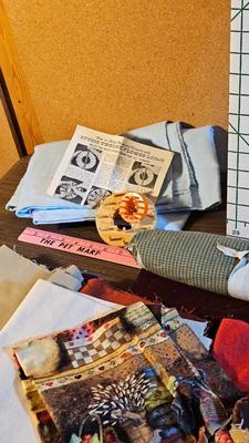 Small fabric scraps for quilting or sewing with wright's pattern board and quilting tools and more