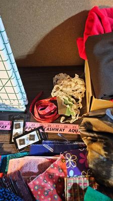 Small fabric scraps for quilting or sewing with wright's pattern board and quilting tools and more