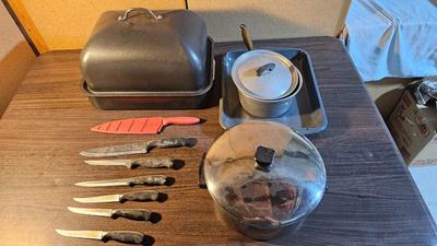 Knife set, pans and treys, large roaster