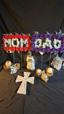 Mom & Dad floral cemetery grave memorial - Angel figures and a nice decorative cross