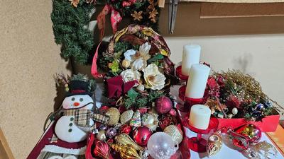 Christmas decorations - accent basket - candles - ornaments and more