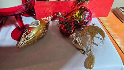 Christmas decorations - accent basket - candles - ornaments and more