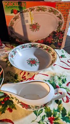 Poinsettia Christmas dishware with tablecloth and more