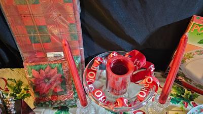 Poinsettia Christmas dishware with tablecloth and more