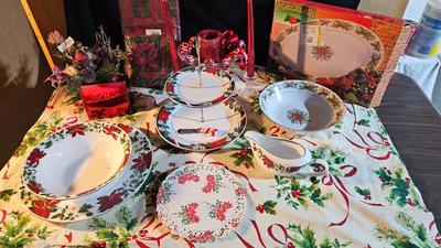Poinsettia Christmas dishware with tablecloth and more